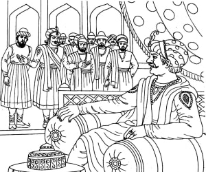 Birbal talking with akbar in the story the obedient husbands